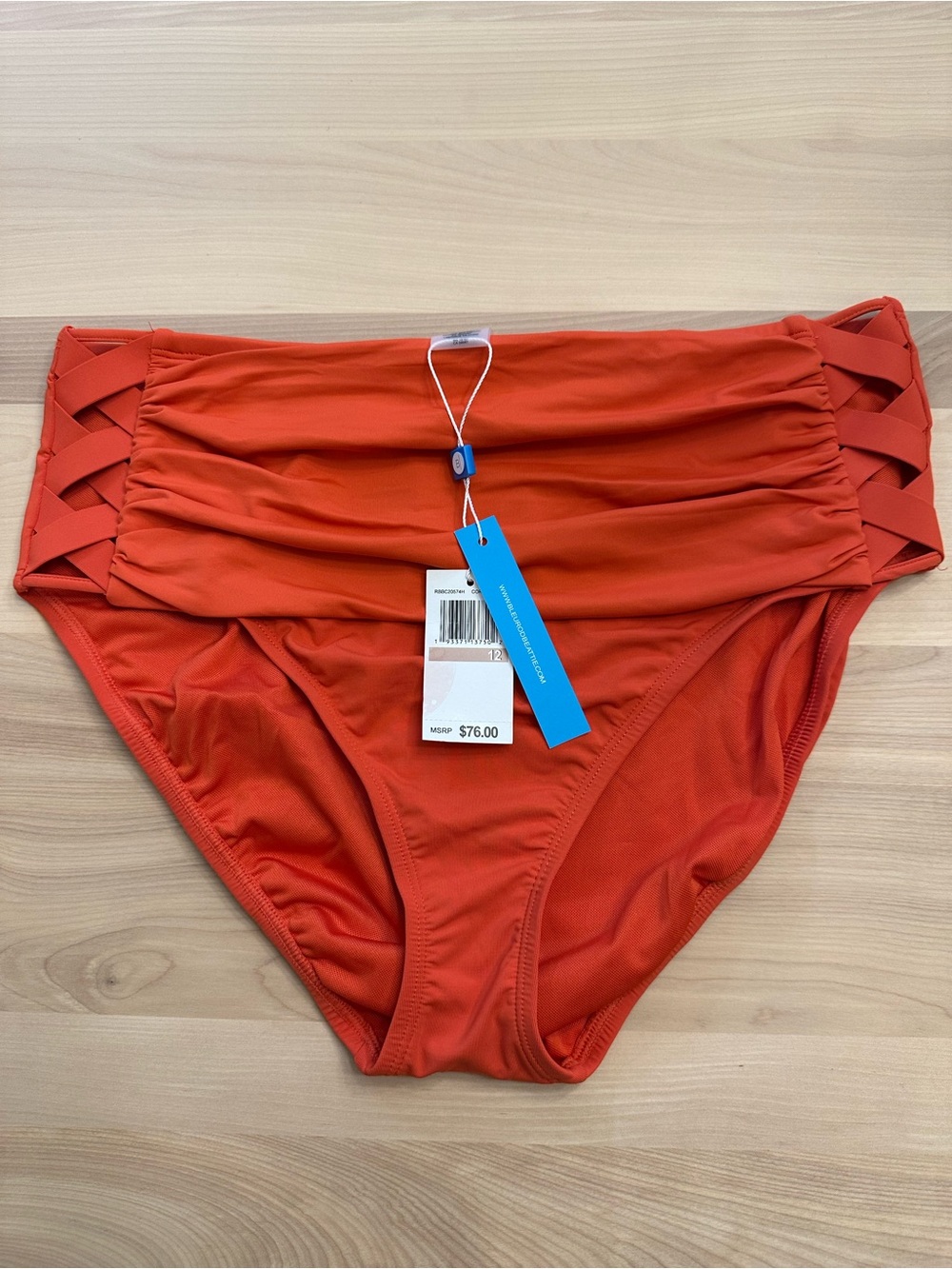 Blue Rod Beattie High-Waist Ruched Bikini Bottom NWT Size 12